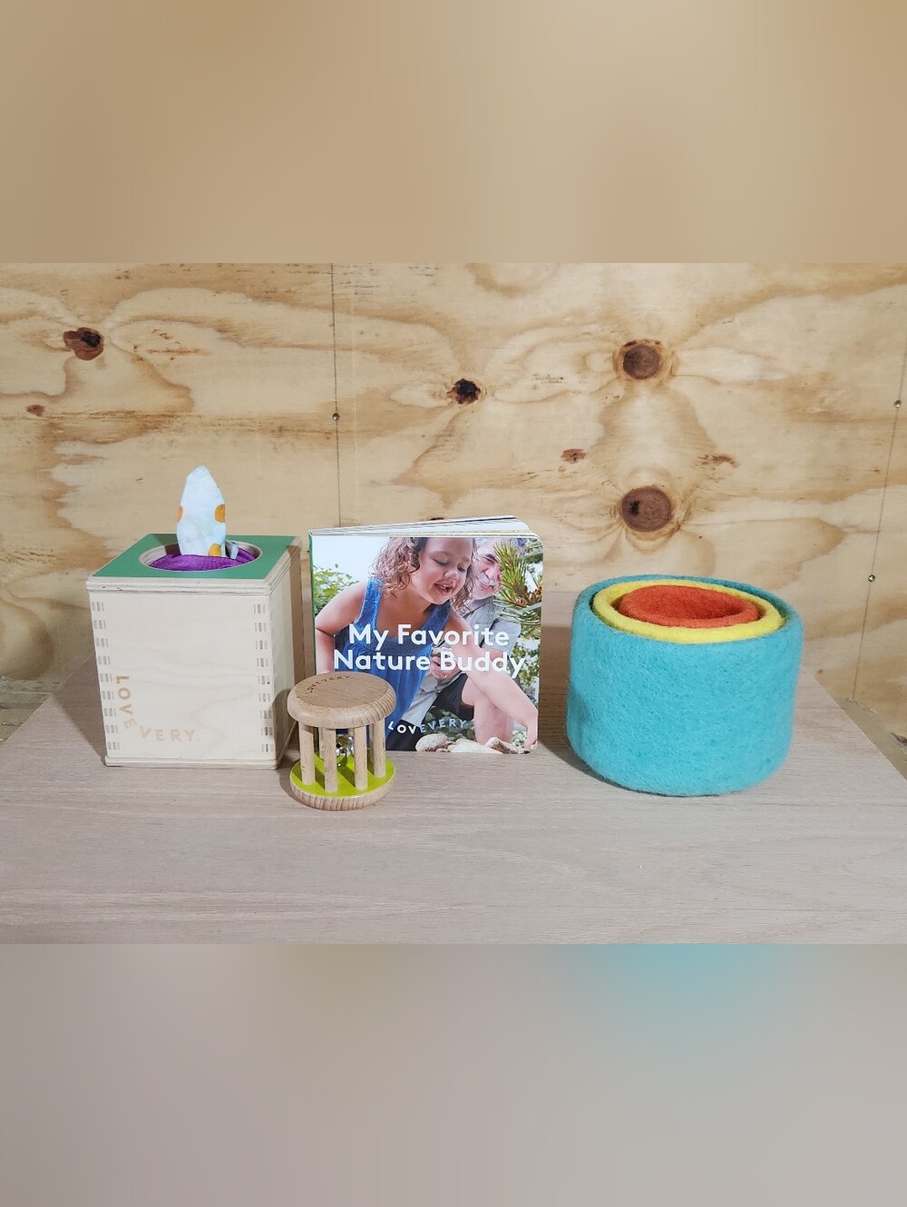 Lovevery Felt Nesting Bowls, Wooden Tissue Box, Book, And Bell Roller